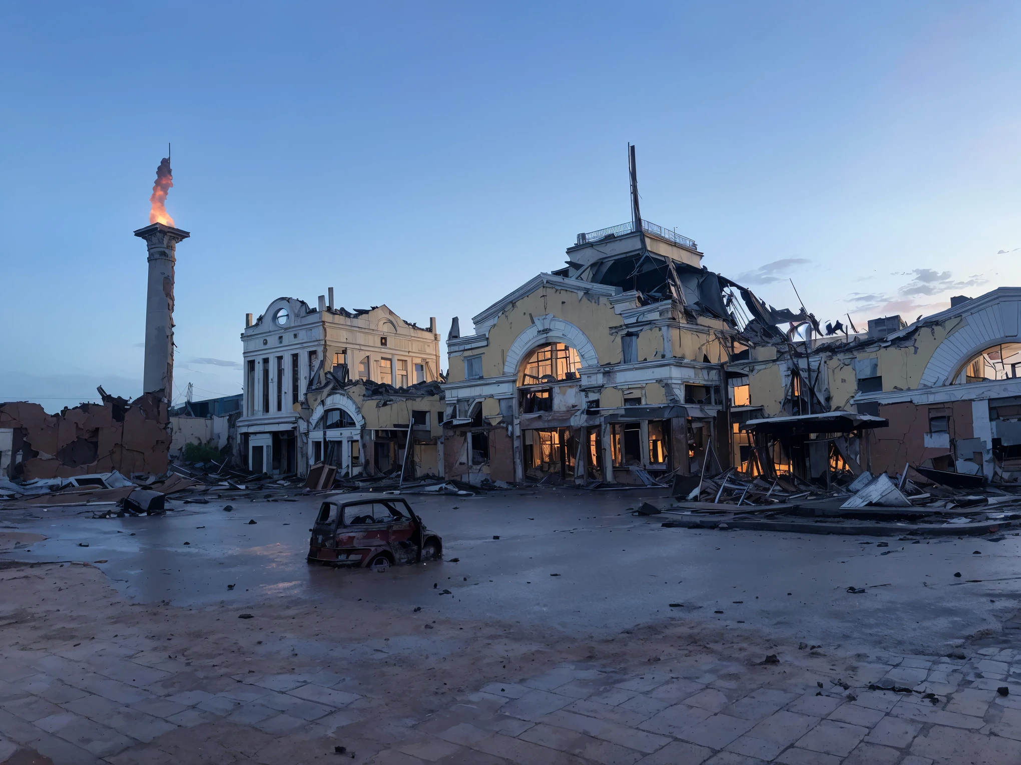 A ruined building, Red Sky, smoke, sunset, Flood lighting, chiaroscuro, after the explosion, fire