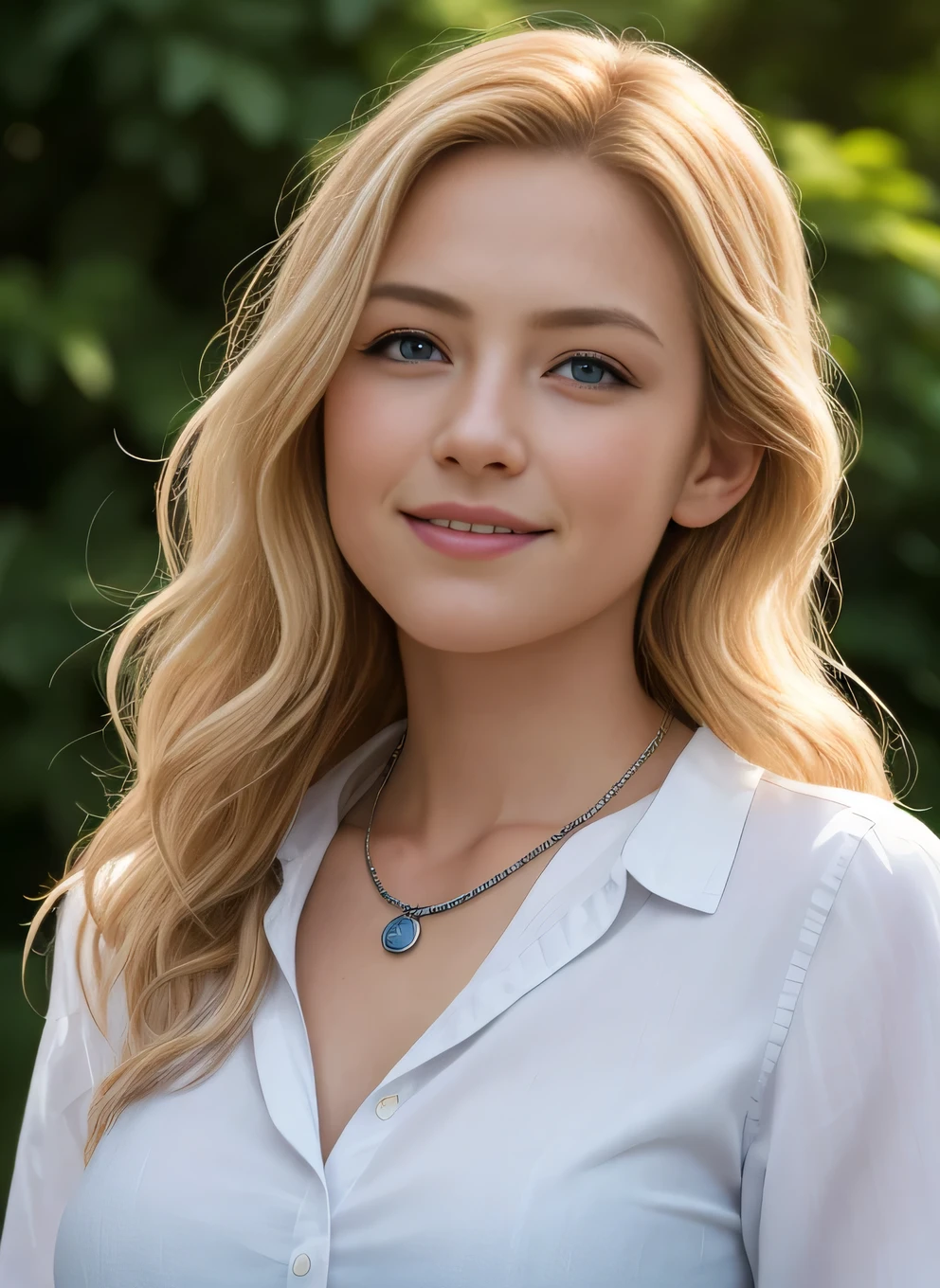 masutepiece, Realistic, Detailed eyes, Beautiful, Looking at the viewer, Natural lighting, depth of fields, Film grain, Wrinkled skin, 24 year old, Female, Solo, long wavy blonde hair, Blue eyes, white, Formal shirts, a necklace、 Smile, Lips, Upper body, Portrait, Front view, exterior