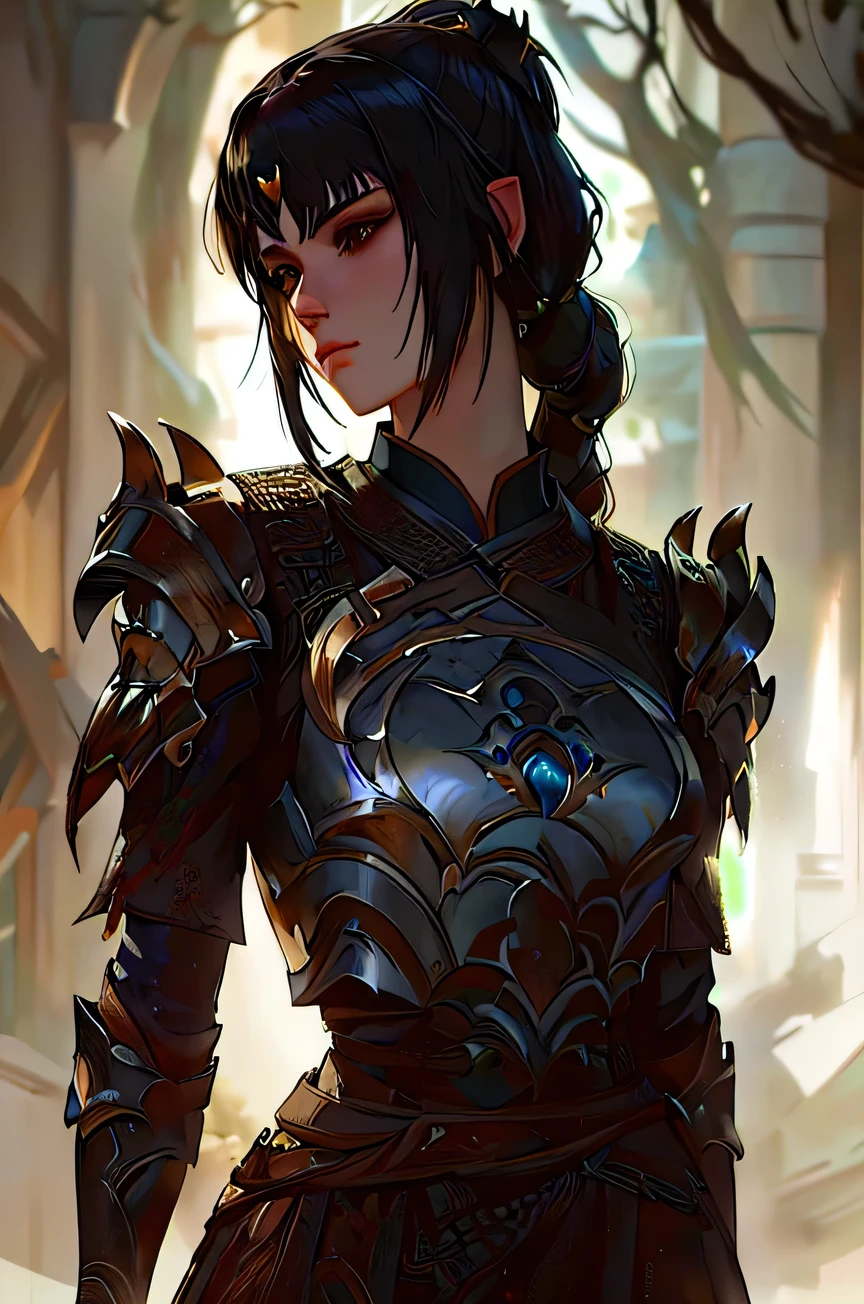 A woman in dark clothes holding a sword, Epic and beautiful character art, Stunning character art, Pan Chengwei on artstation, author：Yang J, Epic fantasy digital art style, portrait of female paladin, Fantasy concept art portrait, Alexandra Fomina artstation, deviantart artstation cgscosiety, Graphic artist Magali Villeneuve, Beautiful character painting，Anime style