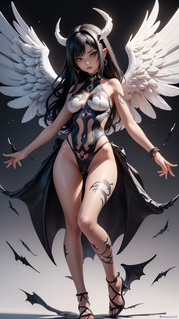 ((Perfect dynamic composition:1.7, Detailed tattoos all over the body:1.6, Wear exquisite jewelry:1.6)), Highly detailed skin and facial features:1.3, Details of the limbs, wings on shoulder, Angel wings and devil wings, white wings and black wings, (Realistic picture, highest resolution, 16ก), (A demon god with wide wings and enormous power on his shoulders..., Twelve wings on the shoulders., black bat wings:1.3 white angel wings:1.5), 6 angel wings, 6 devil wings, (Beautiful girl with two meter long hair, shiny black hairงาม, Smooth white skin, Lips are very red.), ((stand, already)), (big breasts, หัวBig tits), (gigantic breast, breast augmentation, Breast 400 cc., small waist, hips raised, small thighs, Long legs), (dynamic poses), (Armor that slightly conceals the body), Separate theme, (Angel wings and devil wings), floating in the air above the groundดิน, background darkness, Embraced with twelve wings, The horns that grow from the head are like a crown., He who has light, wears little armor, There is power coming out of the body., sparkling wings, white light black light, amazing wings, beautiful gesture, 8K resolution, Resolution 4000 x 2250 pixels, beautiful gesture, Angel wings and devil wings, (Realistic picture, highest resolution, 16K), (A demon god with wide wings and enormous power on his shoulders.., Twelve wings on the shoulders., black bat wings:1.3 white angel wings:1.5), Angel wings and devil wings, white wings and black wings,, Have wings 100 Have wings 1000, Angel wings and bat wings, wings inserted between wings, 12 wings, 6 angel wings, 6 bat wings, Angel wings and devil wings, white wings and black wings,, (Beautiful girl with two meter long hair, shiny black hair, Smooth white skin, Lips are very red.), very long hair, ((stand, toe)), (big breastsโต, หัวBig tits), (gigantic breast, small waist, hips raised, small thighs, Long legs), (dynamic poses), (black and white leotard, There are beautiful patterns., Decorated with gold embroidery., Show off your chest), Separate theme, (Angel Wings and Demon Lord Wings), floating in the air above the ground, background darkness, Embraced with twelve wings, He is white and black., A rainbow glow on the back of the head, The most busty breasts, Big tits, universe backdrop, dynamic gesture, Drive the skin, Smooth white skin, (The wings are in layers, alternating with white, alternating with black. The wings are alternating with layers of white, alternating with layers of black, and alternating again.), gold pattern set