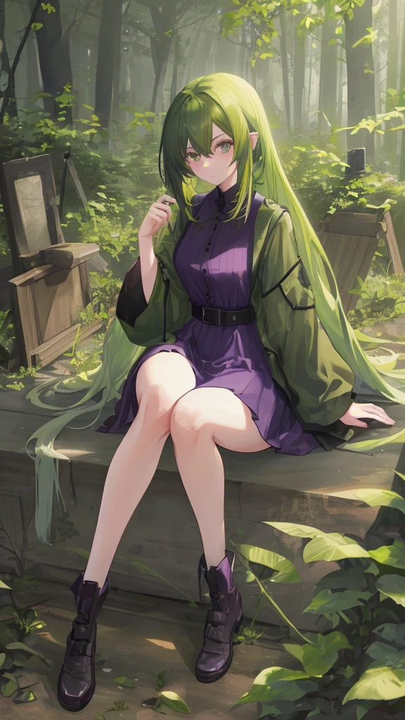 ratte867, 1 Girl, Solitary, (forest green hair:1.2), Asymmetrical hairstyle, (Purple clothes:1.2) masterpiece, best quality, photoPractical, Practical, (RAW photos, 8K Ultra HD, Film Grain), Caustics, Subsurface scattering 