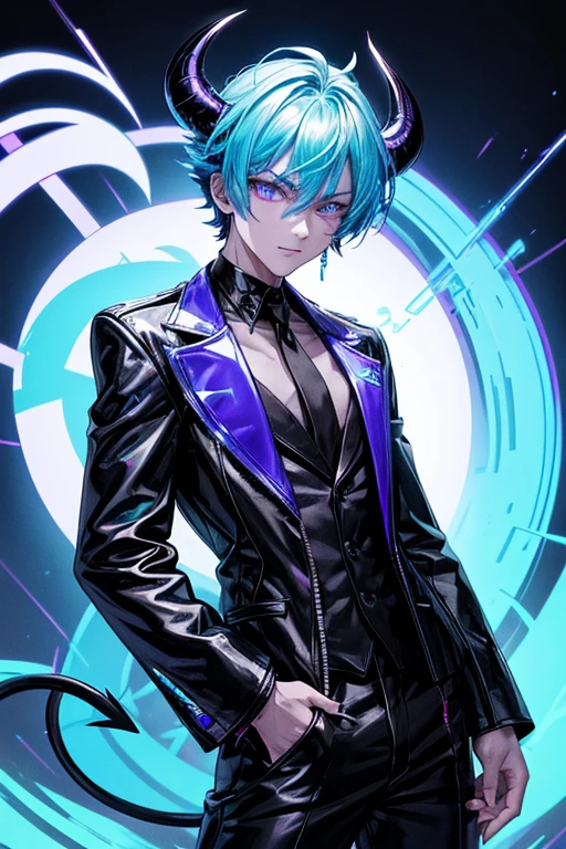 he's a Male demon, he works as a stripper. he has a prehensile neon blue tail, his tail has a black heart tip, he has curled neon silver horns, neon blue hair and neon silver eyes. he usually wears neon blue jackets. he's gay and his name is Neo, he has grey skin