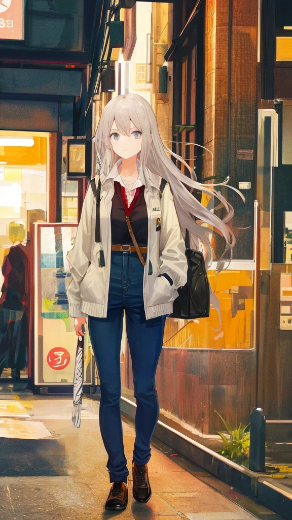 A young woman is standing on the street., Blurred Background, beautiful, Reality