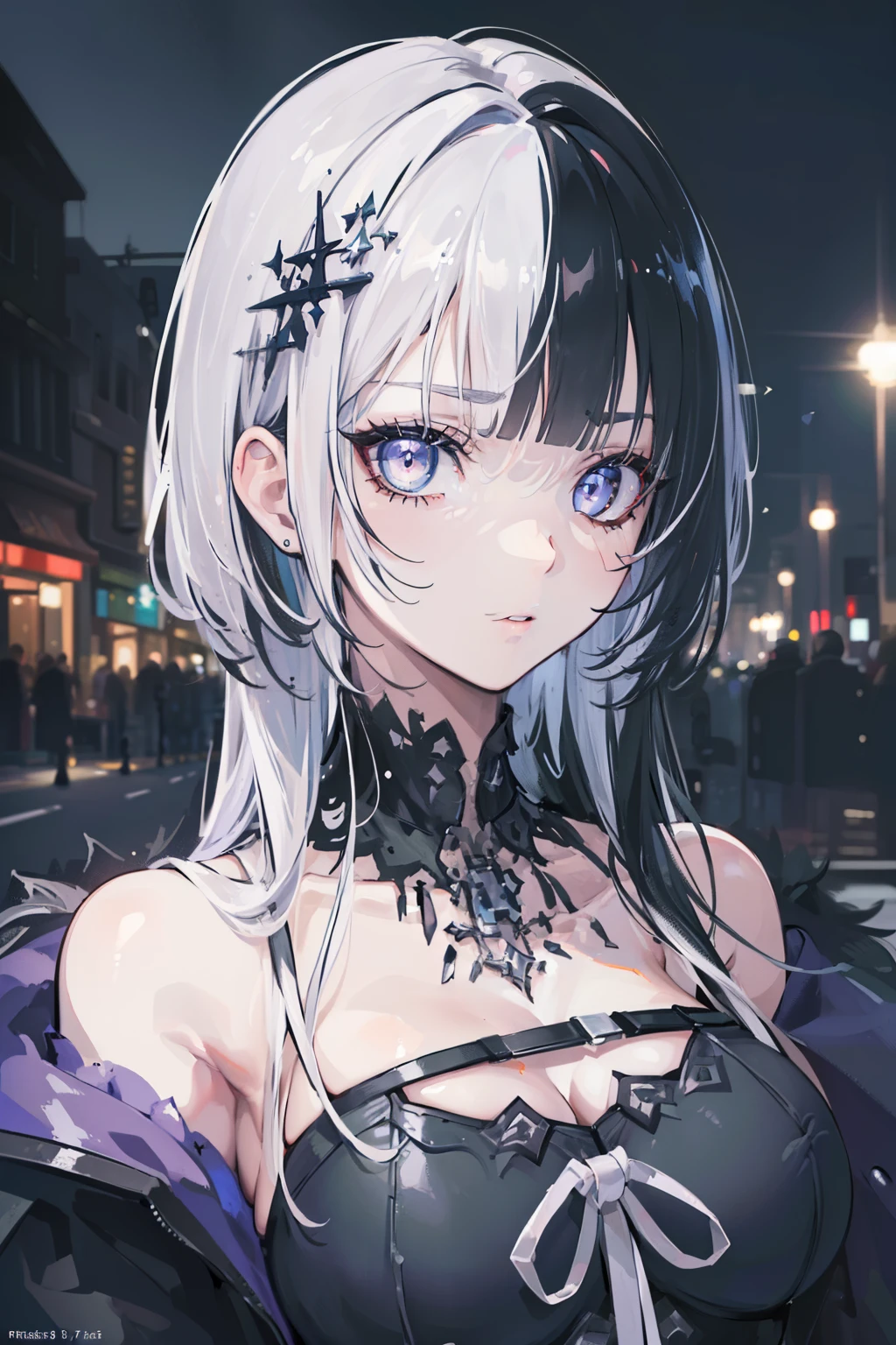 ((Realistic lighting, Best quality, 8K, Masterpiece: 1.3)), Clear focus: 1.2, 1girl, Perfect Figure: 1.4, Slim Abs: 1.1, (half black hair), (half white hair), (Outdoor, Night: 1.1), City streets, Super fine face, Fine eyes, Double eyelids,