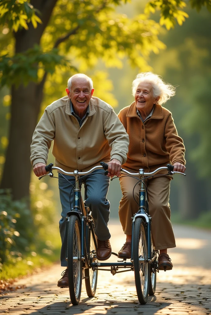 two elderly people riding a tandem bicycle, joy smiles, intricate details, photorealistic, highly detailed, perfect lighting, vibrant colors, warm tones, natural outdoor scene, lush greenery, cobblestone path, dappled sunlight, wind in their hair, pure joy on their faces, detailed wrinkles, warm smiles, comfortable clothing, dynamic composition, cinematic perspective, (best quality,4k,8k,highres,masterpiece:1.2),ultra-detailed,(realistic,photorealistic,photo-realistic:1.37)