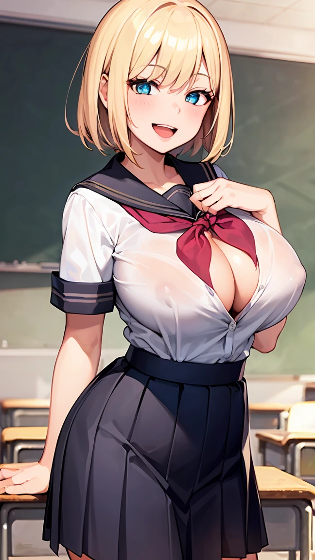 (gleaming skin:1.3), (18yo girl:1.8), blush, laughing, A milf with blonde short hair, tan skin, sky-blue eyes, open mouth, wearing a white bikini, breast,standing, (classroom:1.6). arms behind back. 1girl, extremely detailed CG, super detailed skin, perfect anatomy, dynamic lighting, beautiful detailed eyes, Top quality、Realistic、woman、milf 、Beautiful Eyes、Symmetrical eyes、(evil smile:1.4)、 (Big breasts bigger than face、curvy body:1.2)、 (summe school uniform, skirt:1.6), (gleaming skin:1.4)、spread legs、BREAK nsfw,