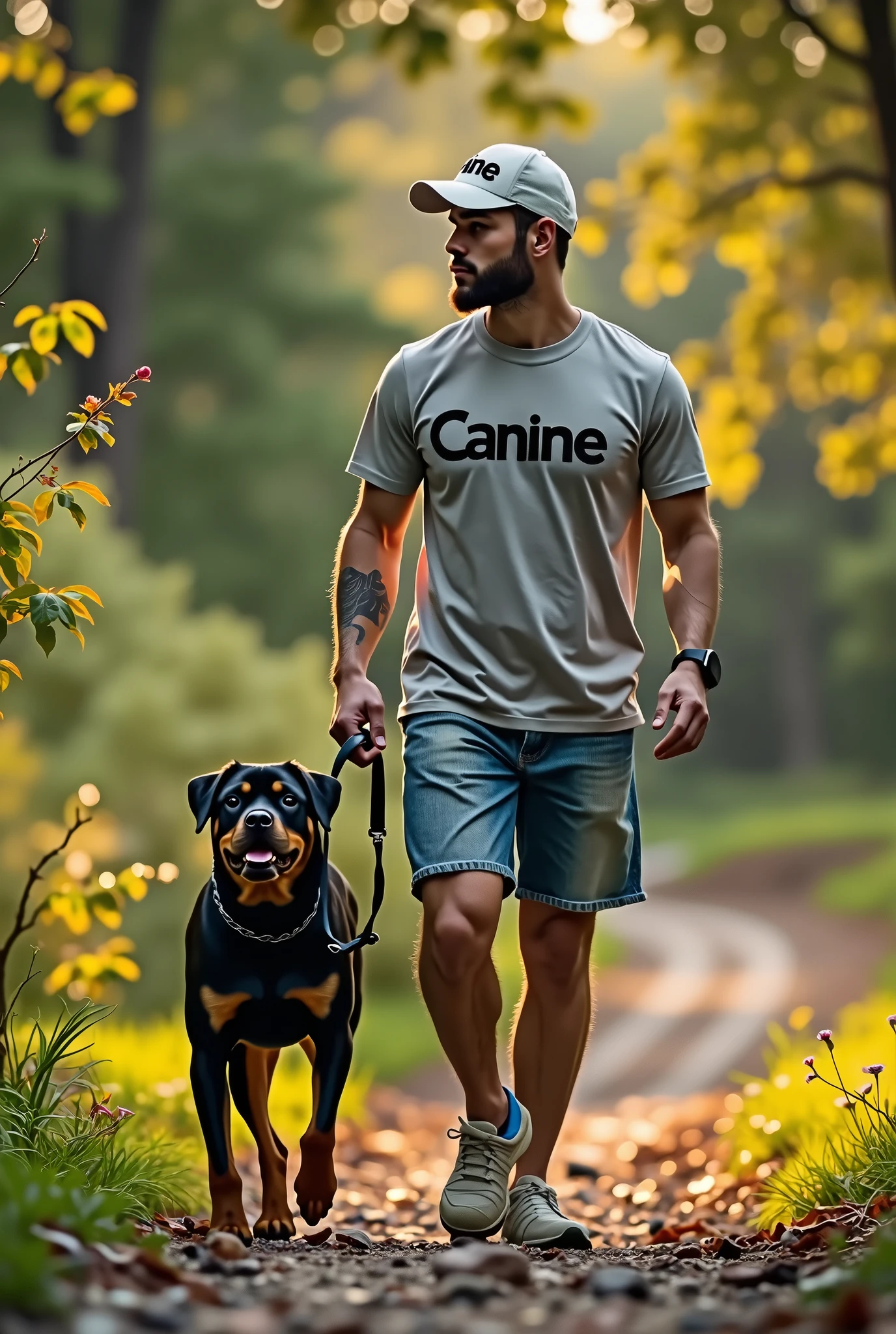 Detailed depiction of a man walking a Rottweiler。Detailed depiction of nature。All live-action。The man in the photo is wearing a T-shirt that says Canine and a cap that says Canine.。Poster for a high-end brand。Expressing luxury and hope。High-brand poster