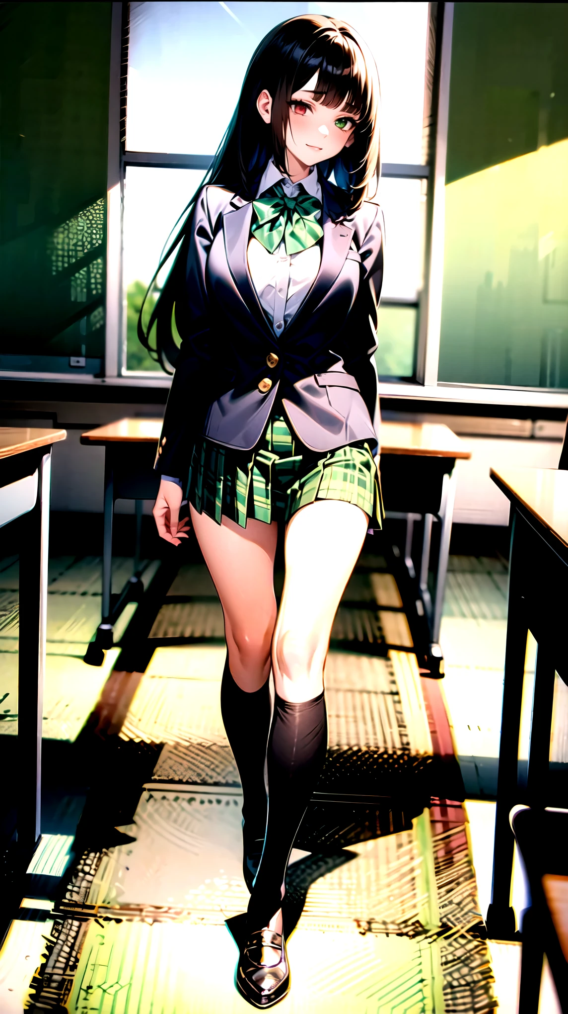 ((super high quality,Ultra-high resolution,4K,8k,super masterpiece,Ultra HD ,Detailed shading)),Full body photo,Morning Classroom,One high school girl,Blue-green blazer,White dress shirt unbuttoned to the second button,A bright yellow striped bow tie,Brown plaid mini skirt,Black long tights,Long black straight hair,Side-swept bangs,Orange and green heterochromia,Sharp eyes with raised,Laughter,Embarrassing,slouch,