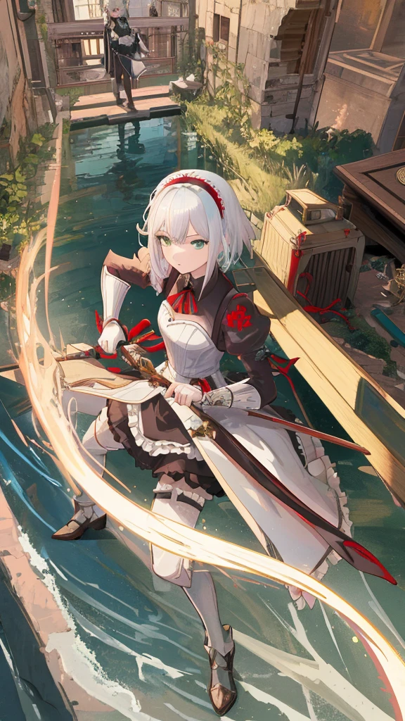 masterpiece, best quality, illustration, Fighting Stance, 1 Girl, Noelle Genshin, Silver short hair, Green Eyes, Red Side-Parted Maid Dress, Maid Knight, Maid Knight armor, Castle Bridge, water,