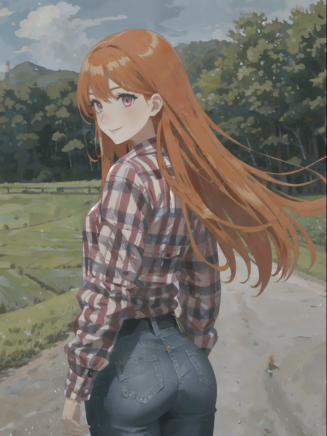 girl, orange hair, long straight hair, magenta eyes, light smile, red and blue checked clothes button with long-sleeved casual shirt, deep blue jeans, brown flat shoes, ass, fetish, countryside