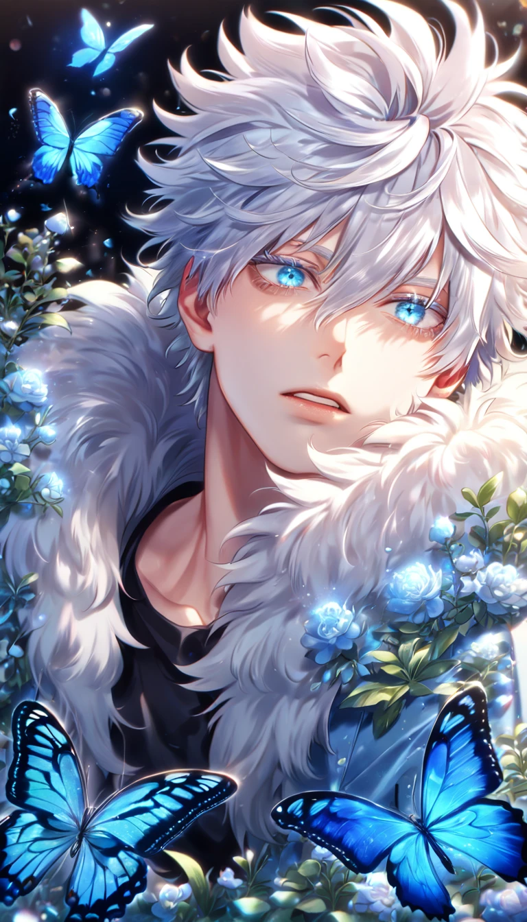 absurdres, highres, ultra detailed, HDR) master piece, best quality, extremely detailed, delicated features, Gojou Satoru, white hair, messy hair, hair between the eyes, expressive blue eyes, white eyelashes, Boku No Hero Academia, solo, sexy man, handsome, sensual, light-blue coat with fur collar, black T-shirt, fantasy, magical, glittering, shining, blue flames, blue moon, blue flowers, blue butterflies, garden