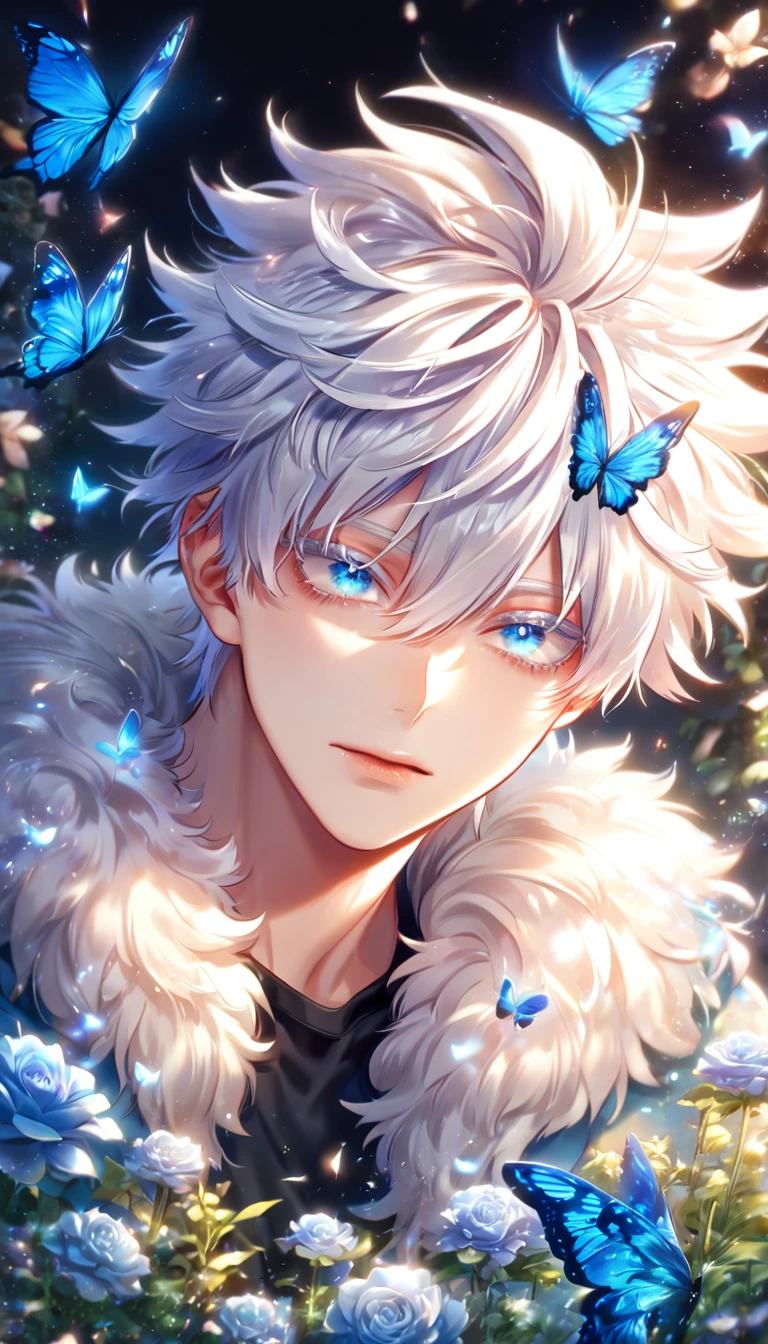 absurdres, highres, ultra detailed, HDR) master piece, best quality, extremely detailed, delicated features, Gojou Satoru, white hair, messy hair, hair between the eyes, expressive blue eyes, white eyelashes, Boku No Hero Academia, solo, y man, handsome, sensual, light-blue coat with fur collar, black T-shirt, fantasy, magical, glittering, shining, blue flames, blue moon, blue flowers, blue butlies, garden