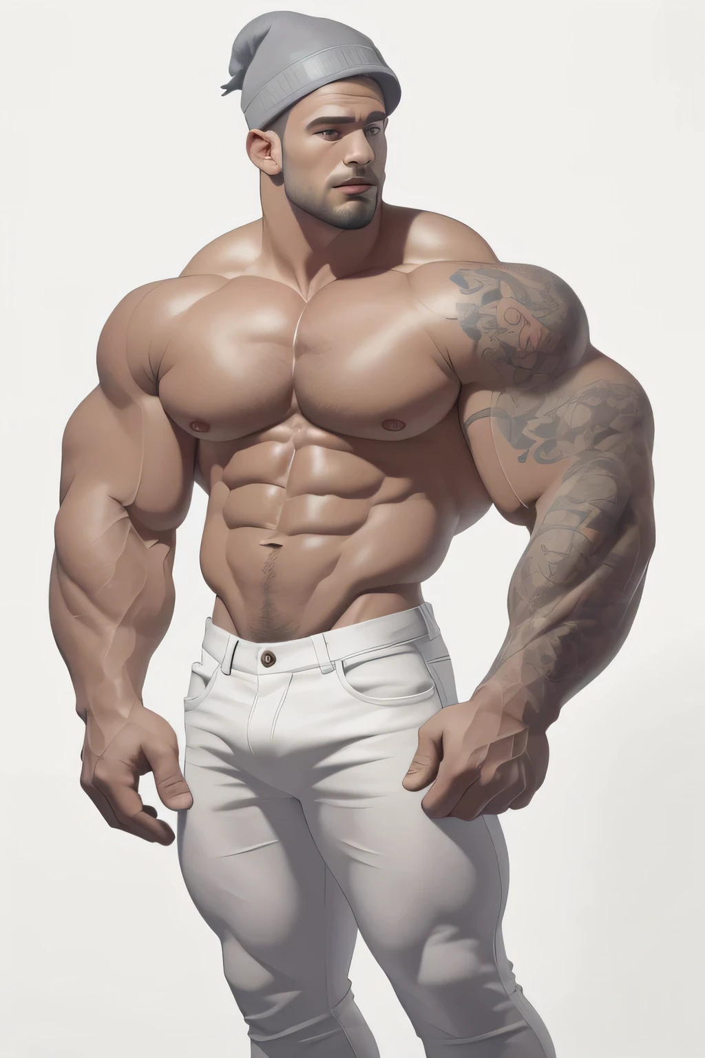 Handsome,faux haircut, and grey bonnet,clear face, clear eyes, heed looking at the side up, muscular body, muscular arms, huge pectorals, huge arms and hands, wearing white jeans, tattooed neck and body, Cropped feet,white background