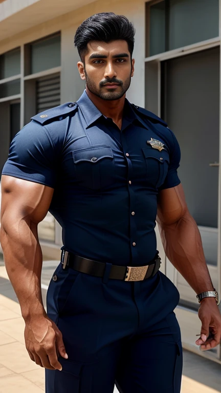 indian gurjar hunk in navy security guard uniform with batches on shirt and huge bulge, head to thighs