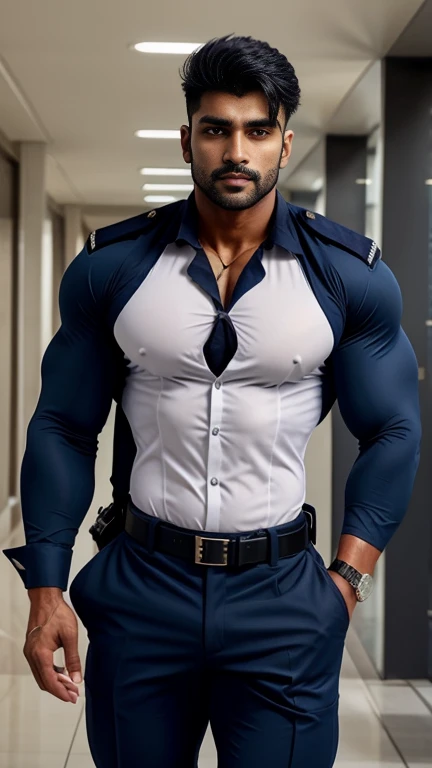 indian gurjar 40 years old hunk in navy security guard uniform with batches on shirt and huge bulge 