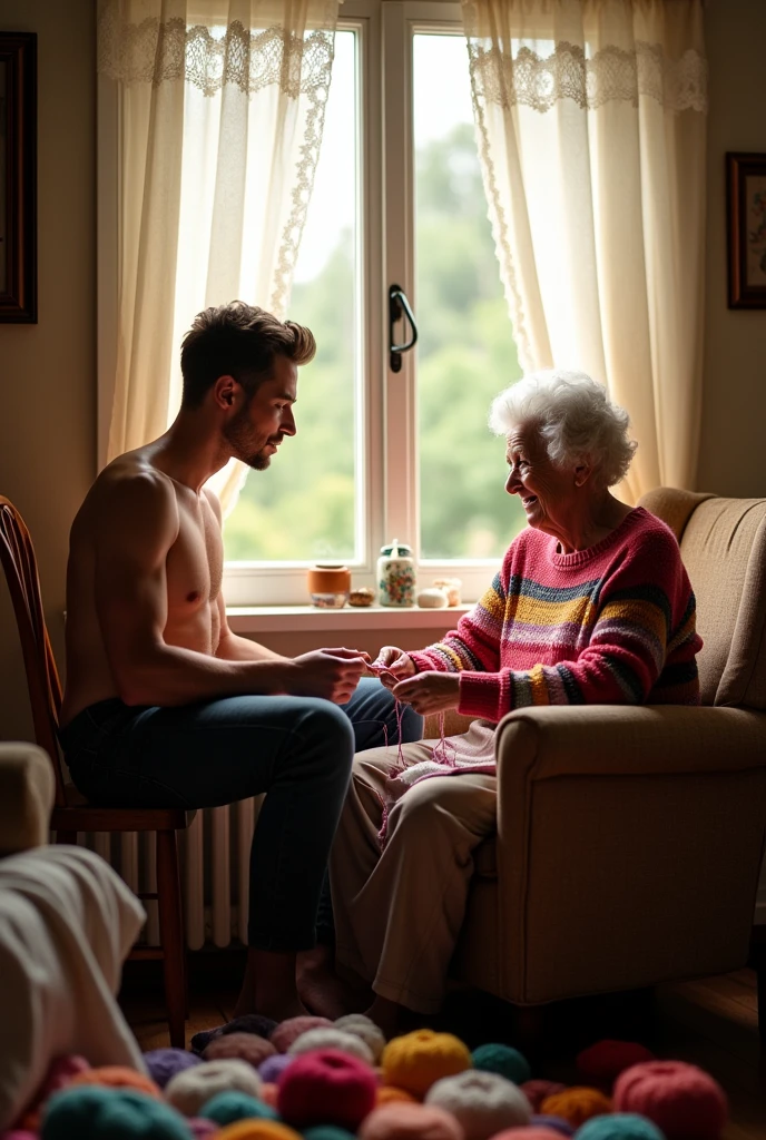 Joven Handsome con cara linda, Handsome, delgado, shirtless sitting on top of the window looking at his grandmother while his grandmother knits for him, hombre Handsome