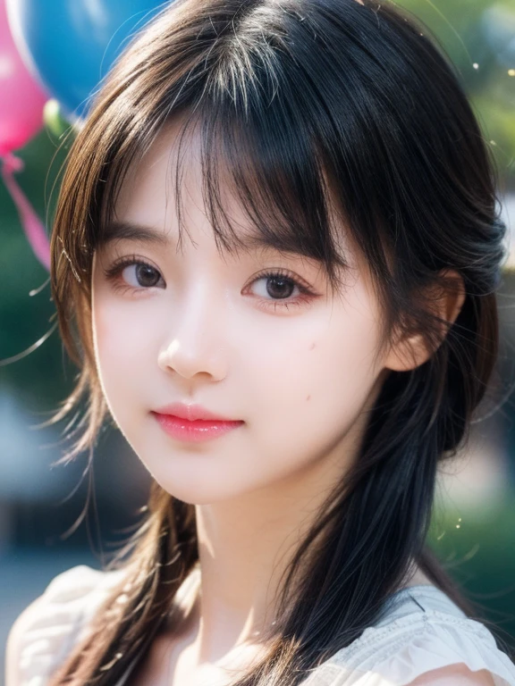 Girl at the zoo, Lots of balloons, Happy, Happy, Perfect quality, Clear focus (Messy house: 0.8), (masterpiece: 1.2) (Realistic: 1.2) (Bokeh) (Highest quality) (Detailed skin: 1.3) (Intricate details) (8k) (Detail Eyes) (Sharp focus), (Happy)