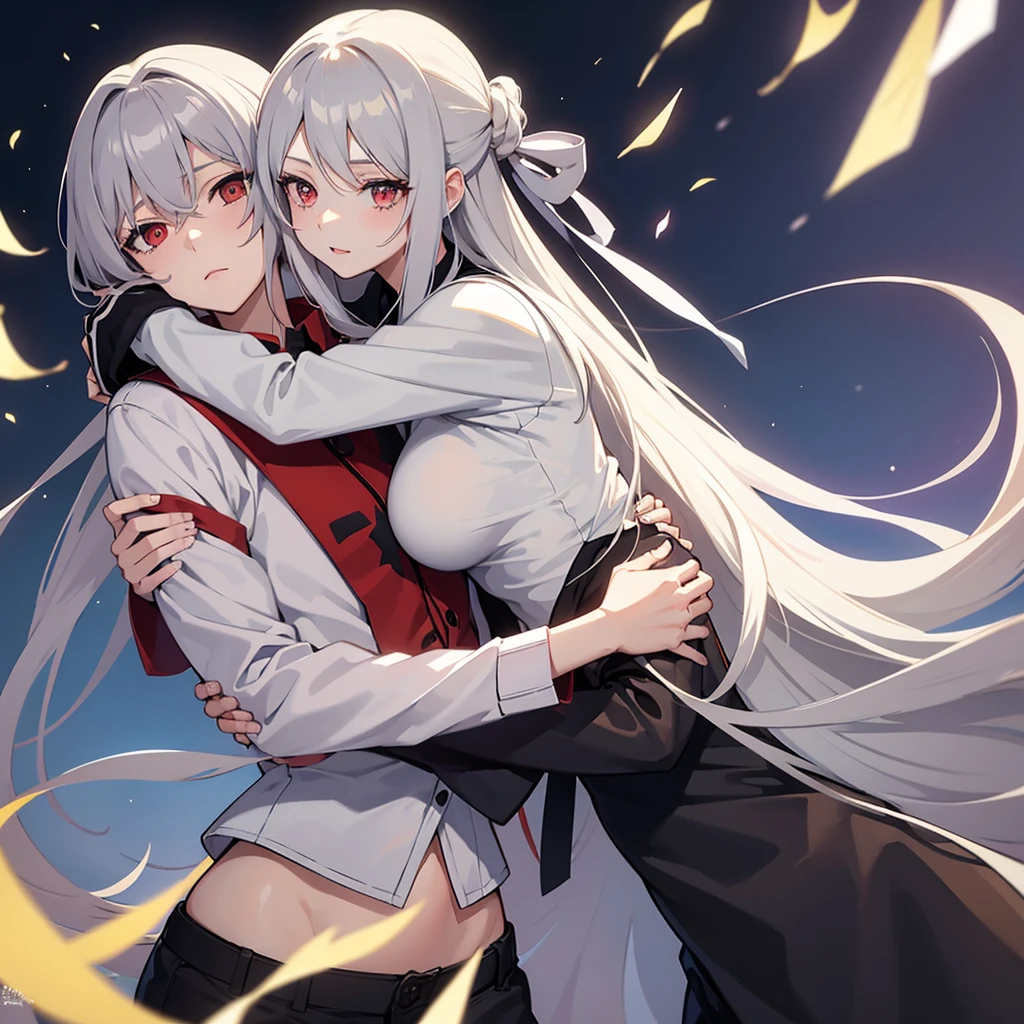 The anime girl has long light gray hair and red eyes. She doesn't wear a shirt. She has a perfect and beautiful body. With a hug with an anime girl with long colored hair and white eyes.
