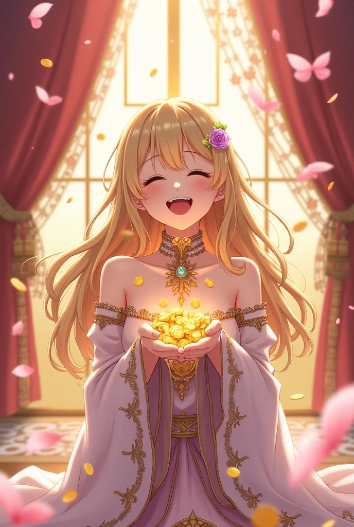 A woman of nobility ,fair-haired, almost blonde with purple eyes, embracing gold coins with her eyes closed and, very happy. (anime style)