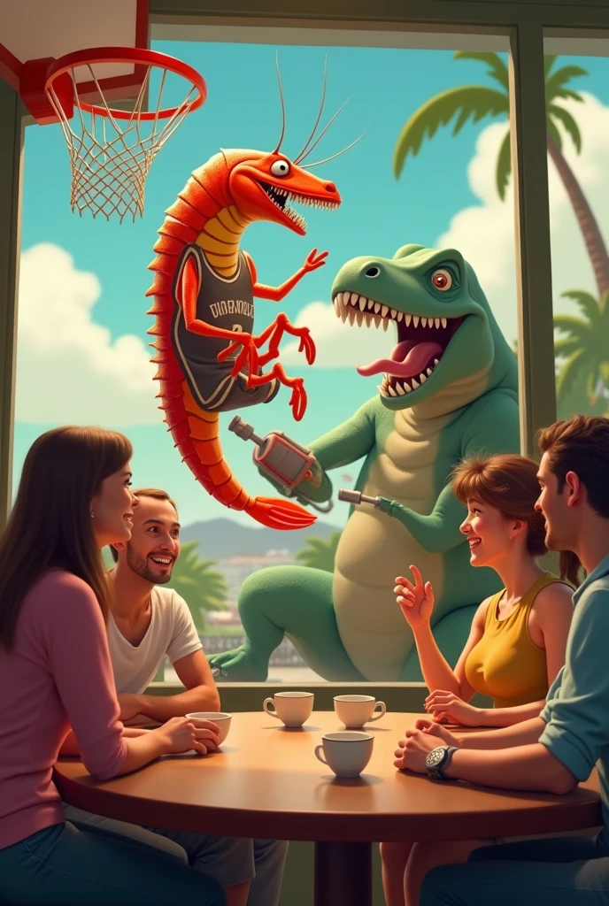 People talking at a table while a basketball-playing shrimp throws down an epic dunk with a T-Rex trying to stop him with a rocket launcher.


