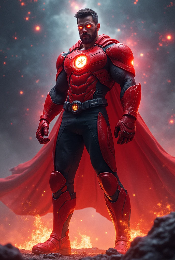 Male, muscular, red skin, glowing eyes, shark-like teeth, hood, red tech armor, black pants, lantern symbol, red boots and gloves, aura, space background