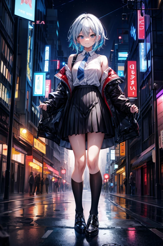 1 Girl, Black_skirt, blue_hair, architecture, City, Cityscape, hair_between_Eye, jacket, Watching_exist_Viewer, Moderate_hair, Colorful_hair, many kinds of_boys, night, leave_Shoulder, outdoor, pleexisted_skirt, road, shirt, skirt, Skyscraper, Smile, Solitary_Key Points, street, White_shirt
