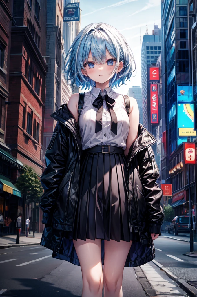 1 Girl, Black_skirt, blue_hair, architecture, City, Cityscape, hair_between_Eye, jacket, Watching_exist_Viewer, Moderate_hair, Colorful_hair, many kinds of_boys, night, leave_Shoulder, outdoor, pleexisted_skirt, road, shirt, skirt, Skyscraper, Smile, Solitary_Key Points, street, White_shirt