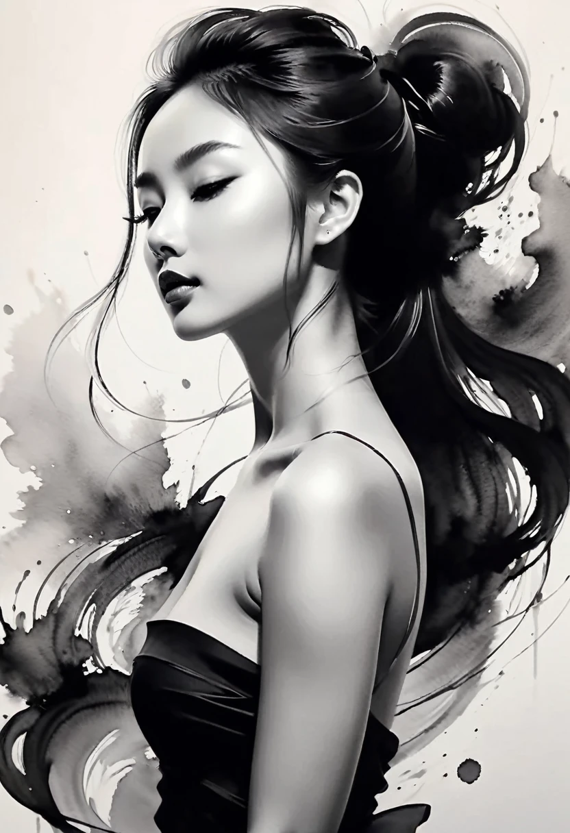 Kizi，ink painting，soft brushstrokes，Draw delicate lines with a pen，Fluid action，Subtle ink tones，elegant posture，calm look，delicate features，black andwhite，to clean