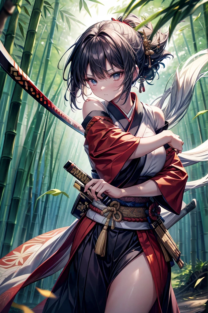 Original photo of a female warrior, Put on a fighting stance, She holds an unsheathed sword, Be prepared for battle, Wearing samurai clothing (kimono) (Wind in the bamboo forest), (The wind blew the leaves), There is a wound on the shoulder ( High Skin Detail: 1.2), 8K Ultra HD, SLR camera, Soft lighting, high quality, Film Grain, Fuji XT3