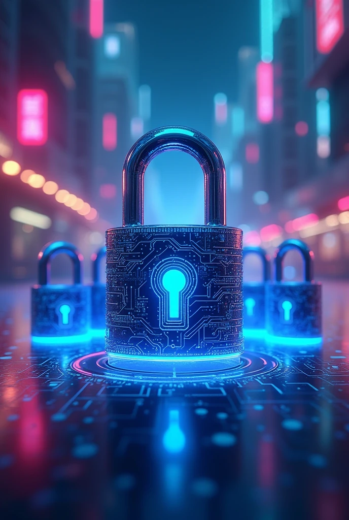 A blue padlock with other small padlocks with various technological rays