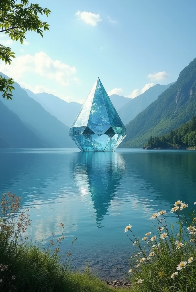 A 60-meter tall diamond rock in the center of a huge lake