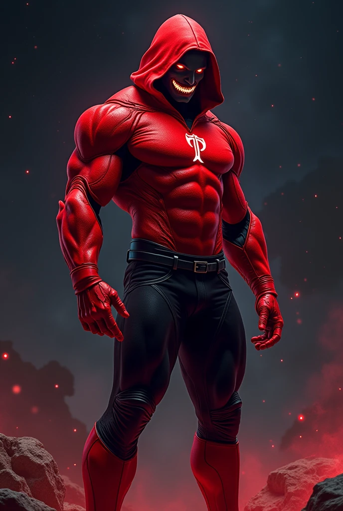 Male, muscular, red skin, glowing eyes, shark-like teeth, red hood, red tech armor, black pants, lantern symbol, red boots and gloves, aura, space background