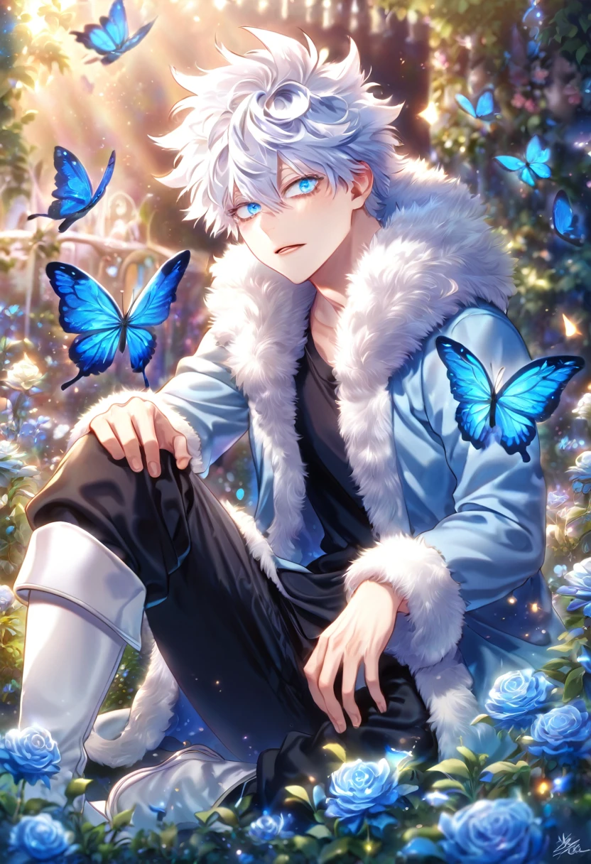 absurdres, highres, ultra detailed, HDR) master piece, best quality, extremely detailed, delicated features, Gojou Satoru, white hair, messy hair, hair between the eyes, expressive blue eyes, white eyelashes, Boku No Hero Academia, solo, sexy man sitting, handsome, sensual, light-blue coat with fur collar, black T-shirt, black pants, white boots, fantasy, magical, glittering, shining, blue flames, blue moon, blue flowers, blue butterflies, garden