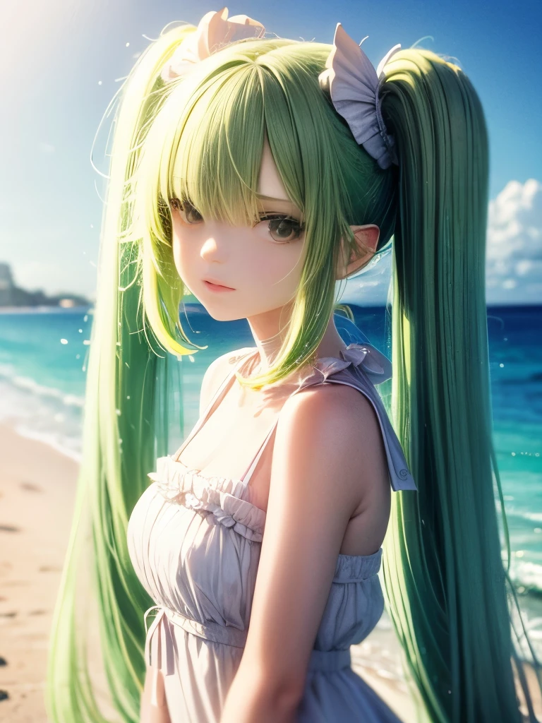 One beautiful girl, alone, Delicate depiction, hair ornaments, Green Hair, Twin tails, Long Hair, dress, Beach, Resort, 