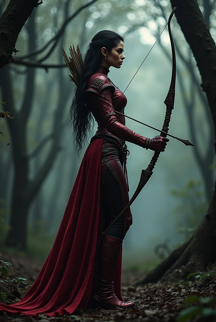 Dark Elf Archer drawing, hornless and wearing draconic red clothing and bow, with logo "23" written on the bottom