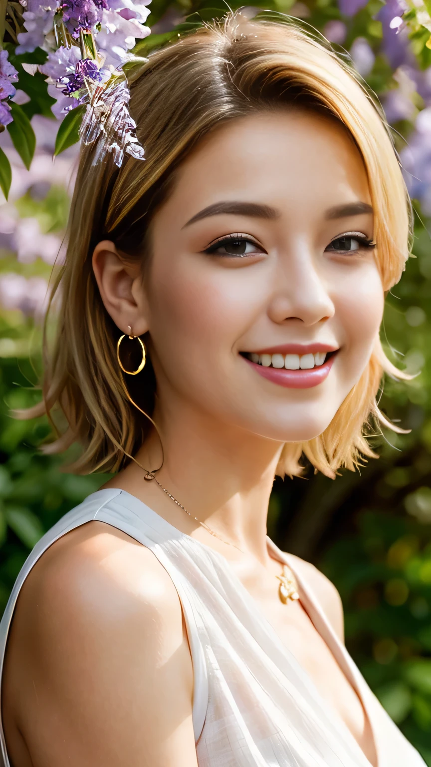 1 25 years old beautiful woman with casual cute hairstyle, A portrait of her standing in the spring sunshine looking up at many beautiful colorful wisteria trellis from below, Real raw photo with super detailed details, (Beautiful smooth glossy bright blonde hair woman), A very beautiful bright blonde woman, She blushes and laughs with love, Her face is turned upwards, (Well-cared for beautiful bright blonde hair), 16K Ultra Realistic Portrait taken in wide angle, Photograph from the front of her, She is slim figure top model and famous movie actress, (She has very fine smooth and white skin), enhancement, ((((1 European bright blonde woman)))), (The bright blonde eyebrows are slightly rounded shape), She has bittersweet feeling, Droopy eyes are moist and super thinly opened, Eyes drawn with precision in every detail, Form a gentle curve from cheek to chin, Her thick plump and shiny big lips are half-opened, A person in the center left and right:1.0, The whole head is shown, She is wearing dark colored blouse and simple earrings and a simple necklace, Perfect natural makeup, Professional lighting like movies in her bedroom