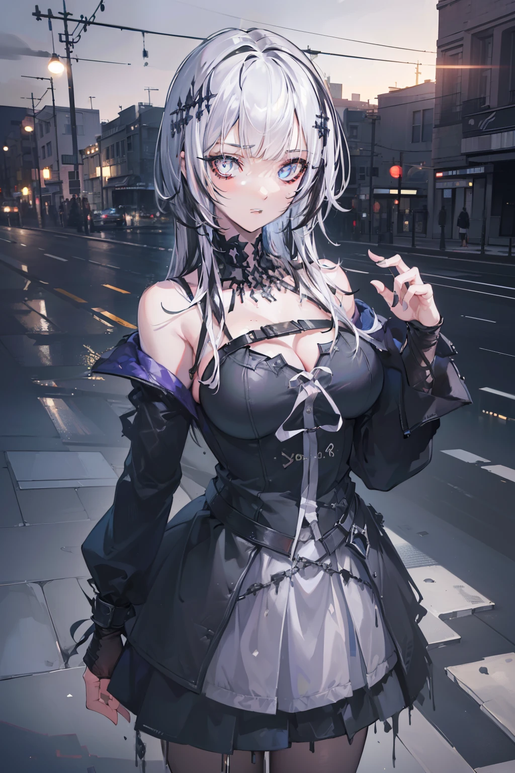 ((Realistic lighting, Best quality, 8K, Masterpiece: 1.3)), Clear focus: 1.2, 1girl, Perfect Figure: 1.4, Slim Abs: 1.1, (half black hair), (half white hair), (Outdoor, Night: 1.1), City streets, Super fine face, Fine eyes, Double eyelids,