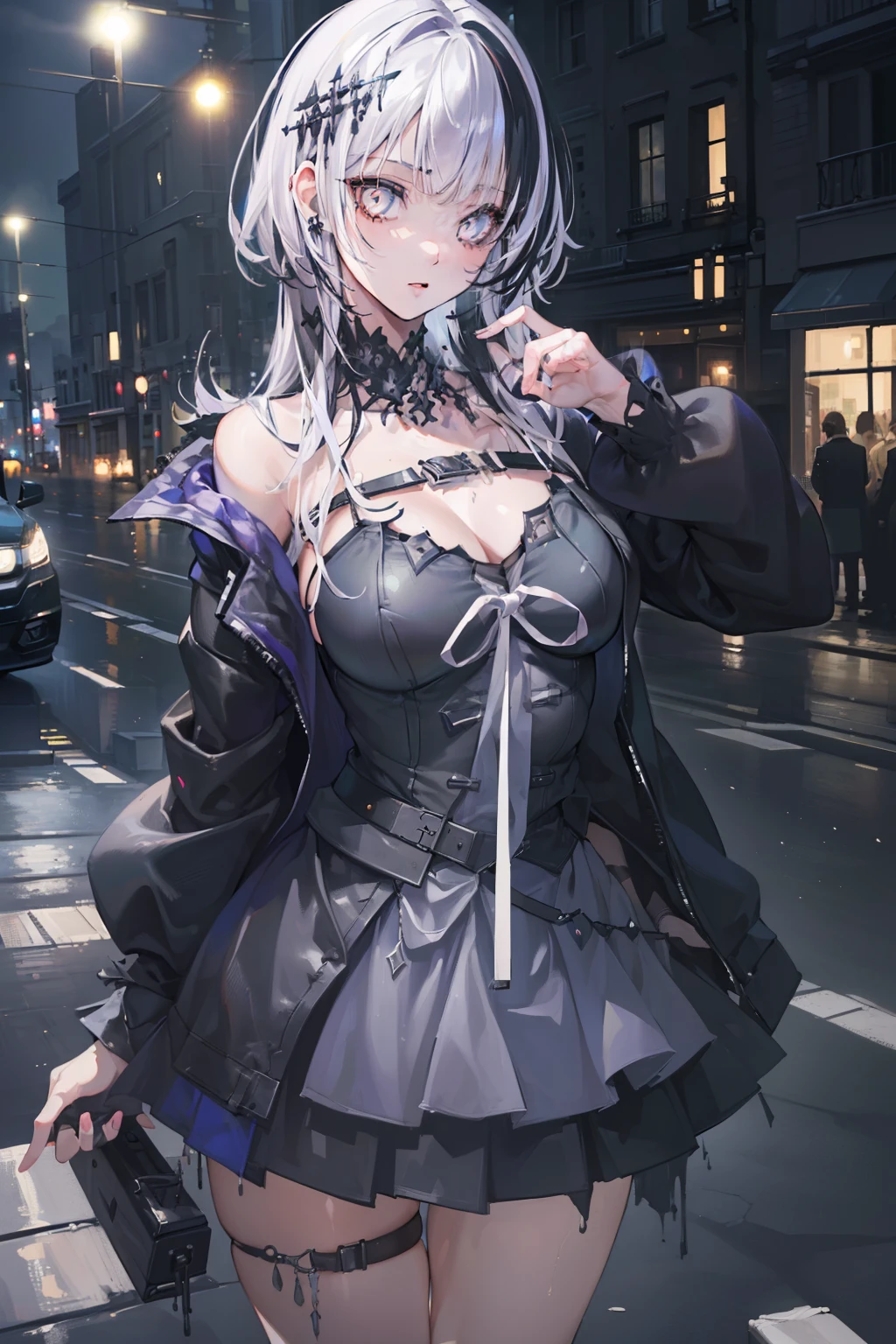 ((Realistic lighting, Best quality, 8K, Masterpiece: 1.3)), Clear focus: 1.2, 1girl, Perfect Figure: 1.4, Slim Abs: 1.1, (half black hair), (half white hair), (Outdoor, Night: 1.1), City streets, Super fine face, Fine eyes, Double eyelids,