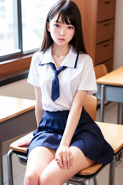 high quality,tall,beautiful long legs. A sailor uniform with a lot of skin exposure, Short skirt,Bare-chested. School classroom. Sitting at a desk. 
Turn to the side、Quiet、A sad expression. Erotic. R-18.