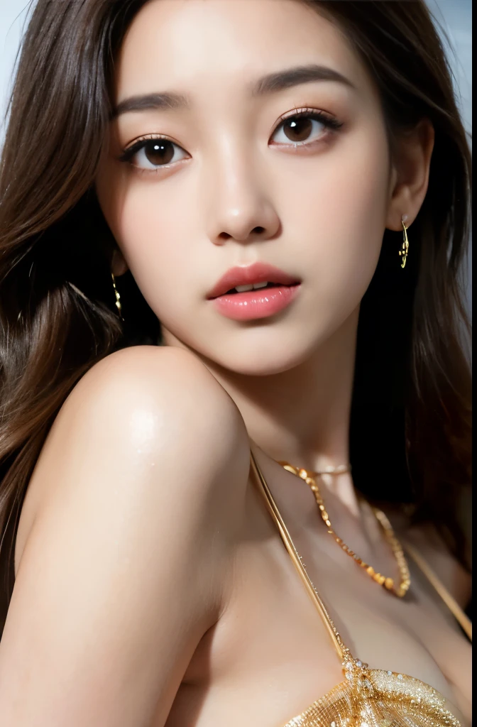 (masterpiece:1.3), (8 thousand, realistic, RAW photos, best quality: 1.4), (1 woman),(very sexy), (Beautiful makeover), (((유난히 아름다운 realistic 얼굴))), (((Create a slim and beautiful body))), (long eyelashes),  (double eyelid), (Brown hair, parted, long hair:1.3), (아름다운 parted스타일), (Realistic and truly beautiful and delicate eyes), (((beautiful and big breasts))), (realistic and beautiful skin), (absurd), (attractive), (ultra high resolution), (extremely realistic), (very detailed), (golden ratio),   (necklace),  (earring), (So beautiful and sexy), (((beautiful eyes))), (((high nose))), (((small nostrils))), (((beautiful mouth))), (((beautiful mouth술)))