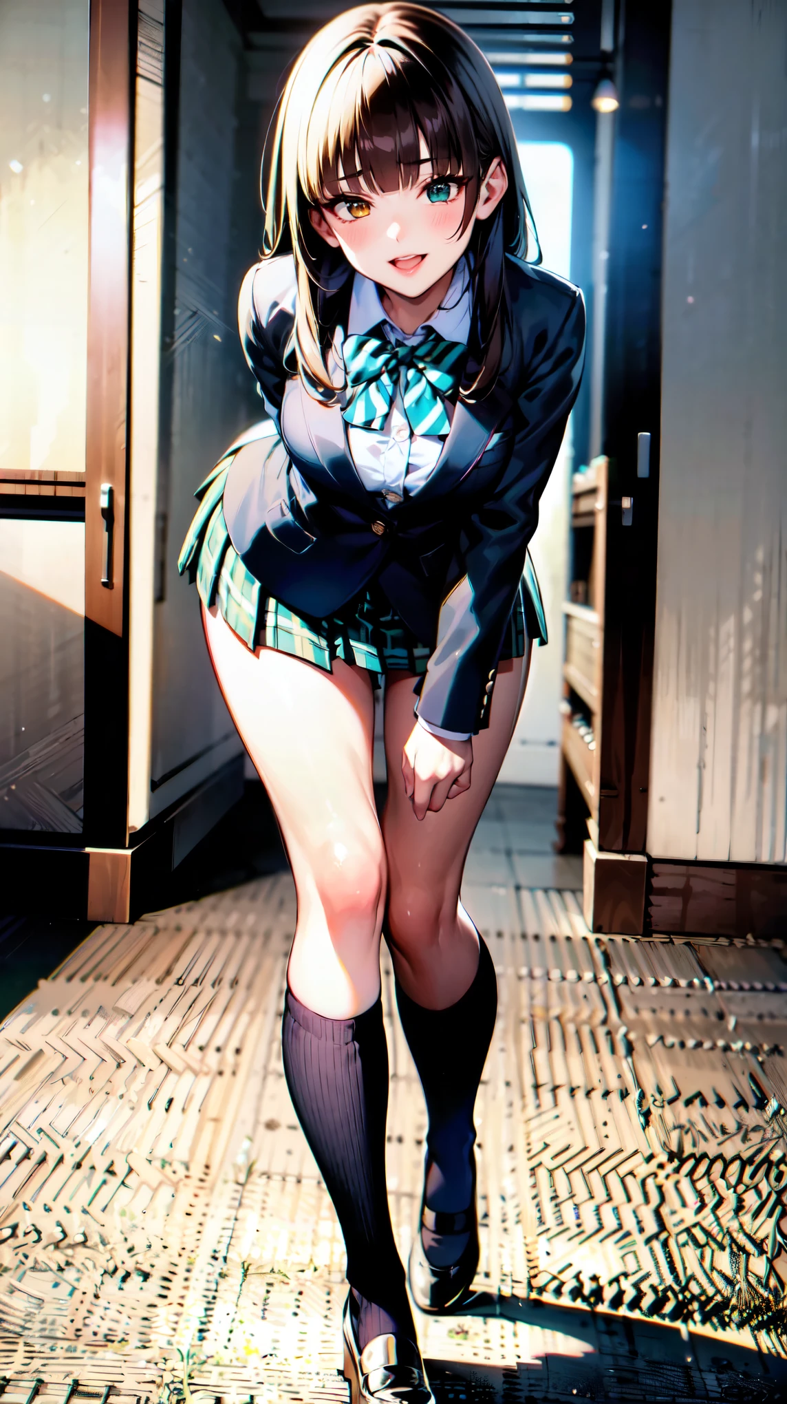 ((super high quality,Ultra-high resolution,4K,8k,super masterpiece,Ultra HD ,Detailed shading)),Full body photo,Morning Classroom,One high school girl,Blue-green blazer,White dress shirt unbuttoned to the second button,A bright yellow striped bow tie,Brown plaid mini skirt,Black long tights,Long black straight hair,Side-swept bangs,Orange and green heterochromia,Sharp eyes with raised,Laughter,Embarrassing,Leaning forward diagonally,