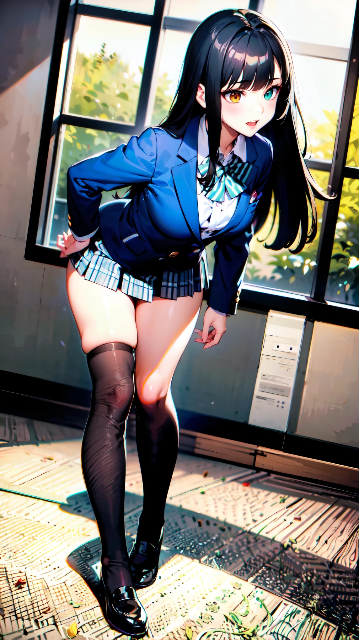 （（super high quality,Ultra-high resolution,4K,8k,super masterpiece,Ultra HD ,Detailed shading））,Full body photo,Morning Classroom,One high school girl,Blue-green blazer,White dress shirt unbuttoned to the second button,A bright yellow striped bow tie,Brown plaid mini skirt,Black long tights,Long black straight hair,Side-swept bangs,Orange and green heterochromia,Sharp eyes with raised,Laughter,Embarrassing,Leaning forward diagonally,