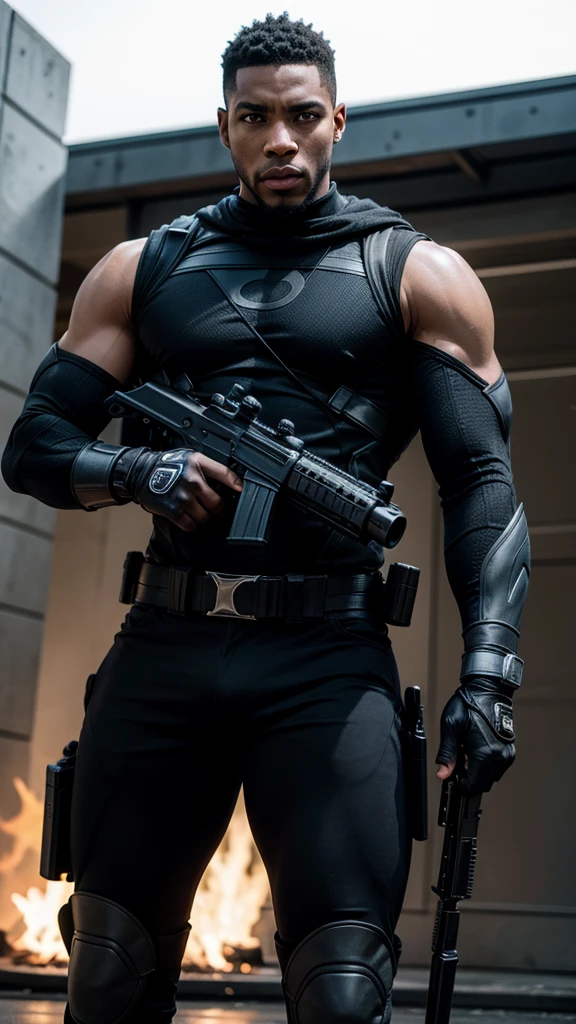 Strong black male superhero carrying a rifle