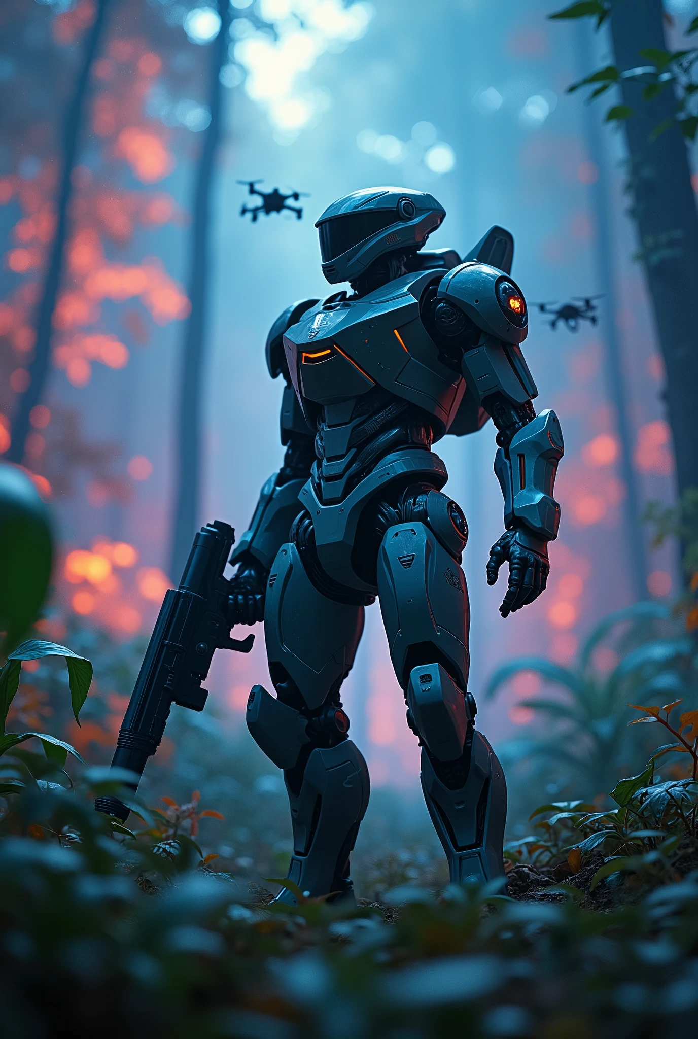 cinematic photo cinematic photography, (RRS), a (((mecha soldier))) with sleek and menacing design, futuristic_gun, highly detailed, drones in Alien bioluminescent jungle, shot on Cinestill 800T, Velvia 100, ND filter, volumetric lighting, in style of Denis Villeneuve realistic film photography . 35mm photograph, film, bokeh, professional, 4k, highly detailed