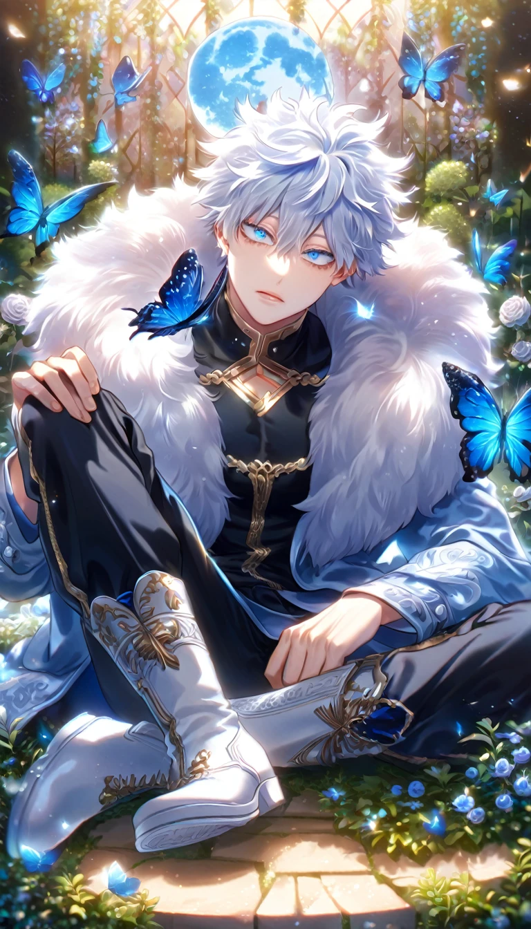 absurdres, highres, ultra detailed, HDR) master piece, best quality, extremely detailed, delicated features, Gojou Satoru, white hair, messy hair, hair between the eyes, expressive blue eyes, white eyelashes, Boku No Hero Academia, solo, sexy man sitting, handsome, sensual, light-blue coat with fur collar, black T-shirt, black pants, white boots, fantasy, magical, glittering, shining, blue flames, blue moon, blue flowers, blue butterflies, garden