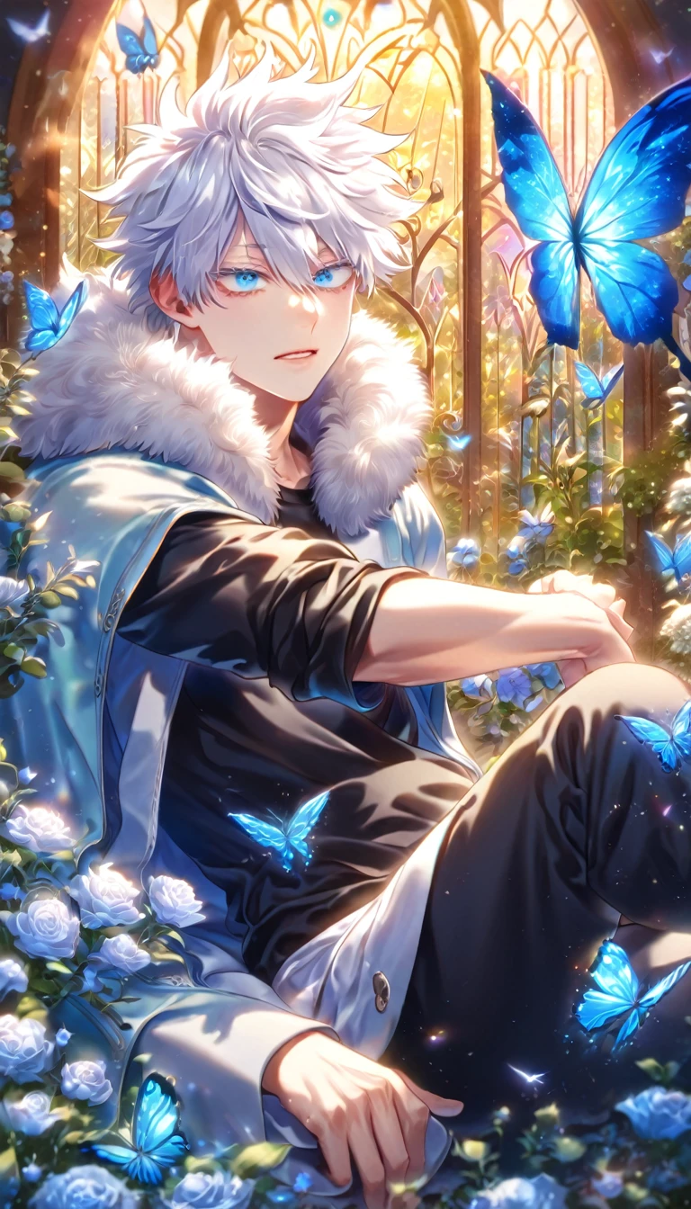 absurdres, highres, ultra detailed, HDR) master piece, best quality, extremely detailed, delicated features, Gojou Satoru, white hair, messy hair, hair between the eyes, expressive blue eyes, white eyelashes, Boku No Hero Academia, solo, sexy man sitting, handsome, sensual, light-blue coat with fur collar, black T-shirt, black pants, white boots, fantasy, magical, glittering, shining, blue flames, blue moon, blue flowers, blue butterflies, garden