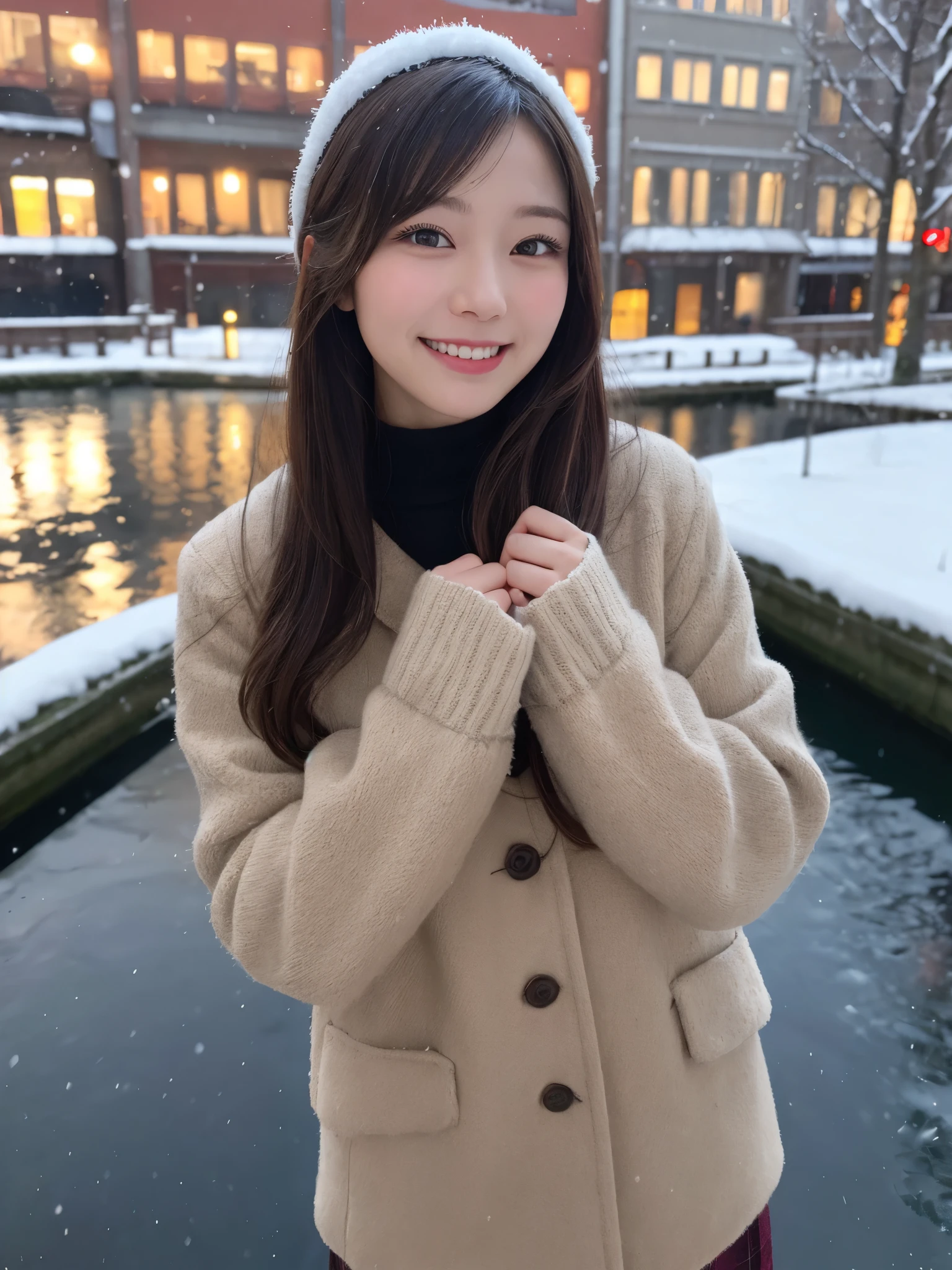 1girl, solo, highres, best_quality, masterpiece, detailed_background, intricate_details, beautiful, hokkaido, otaru, canal, snow, winter_clothes, peaceful, smile, looking_at_viewer, dynamic_pose, natural_pose, candid, happy