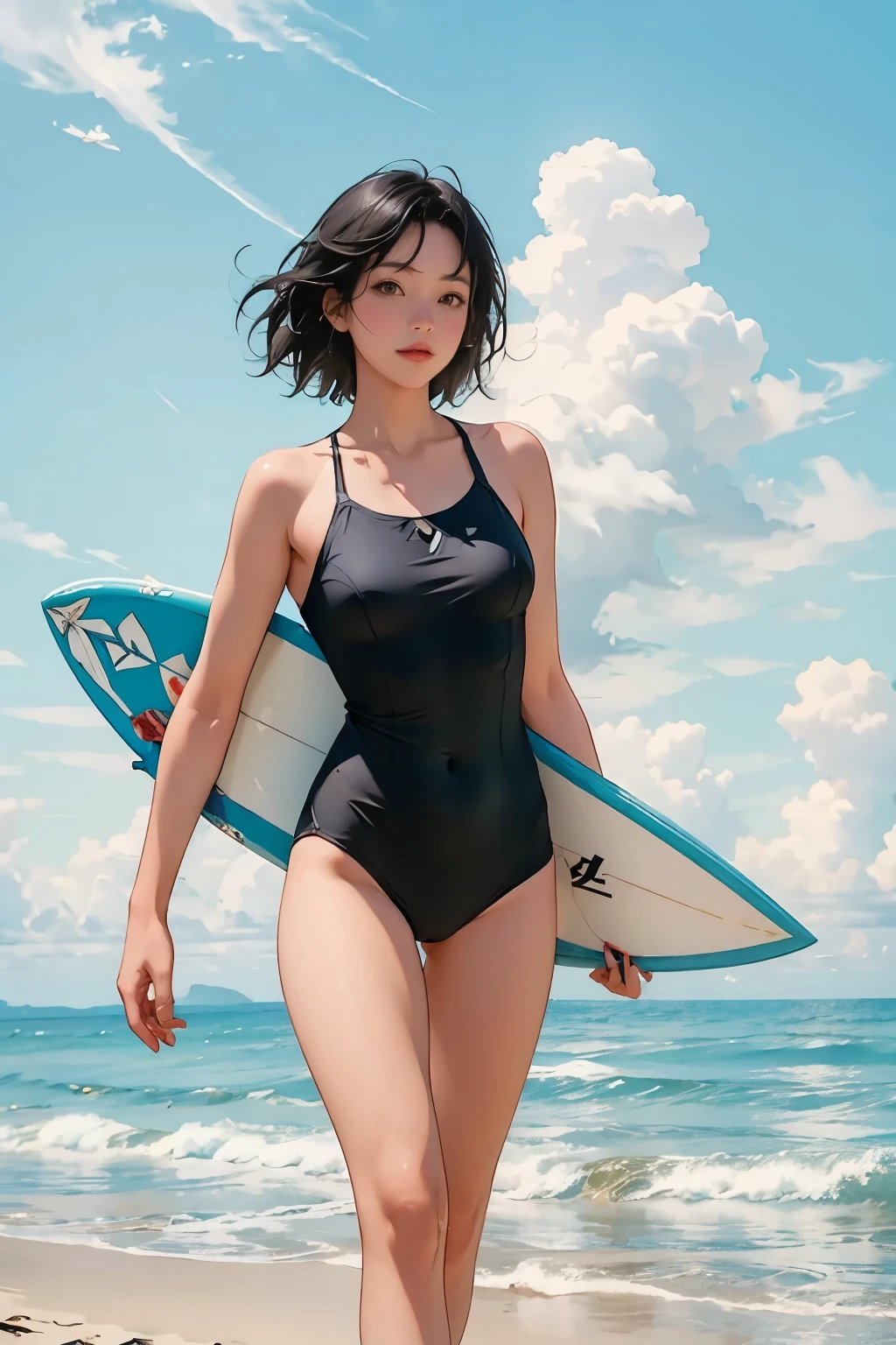 At sea in the early morning、One beautiful woman、(Walk the beach with a surfboard)、(Draw the exact shape of a surfboard)、Beautiful Face、Sexy and colorful swimwear、Short black hair、Beautiful sea、Blue sky and white clouds、 Detailed Description、Extreme Sports Photography、(Highest quality, masterpiece, High resolution)、8k、wallpaper、