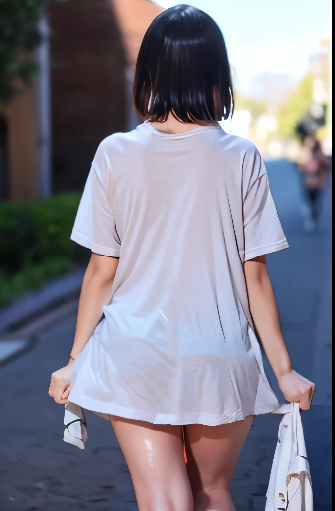 Image of a woman High quality High Resolution 8k wallpaper、Perfect dynamic composition Walking around the city Back view Your clothes are wet Wearing a T-shirt Underwear is visible ズボンをはいていないように見える