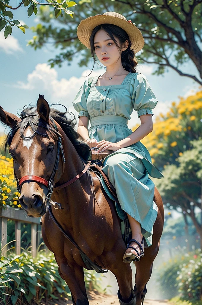 (((best quality))),(((ultra detailed))),(((masterpiece))),illustration, girl cycling down a country road, sun beating down, warm glow,a beautiful young girl, light blue sundress, flowing gracefully,short ponytail, wide-brimmed straw hat, protected from sunlight, fair skin, bright green eyes, lush greenery, calm and serene face, effortless cycling,(riding on a bicycle:1.3), shiny chain, bright red tires, well-cared-for, narrow winding road, lush green grass, cornfields, golden cornstalks, gentle breeze, sweet scent of corn, sound of birds chirping, small village, white-washed houses, red-tiled roofs, smoke from chimneys, relaxing, peacefulness of the countryside, summer's day, tranquility,(from front:1.2)